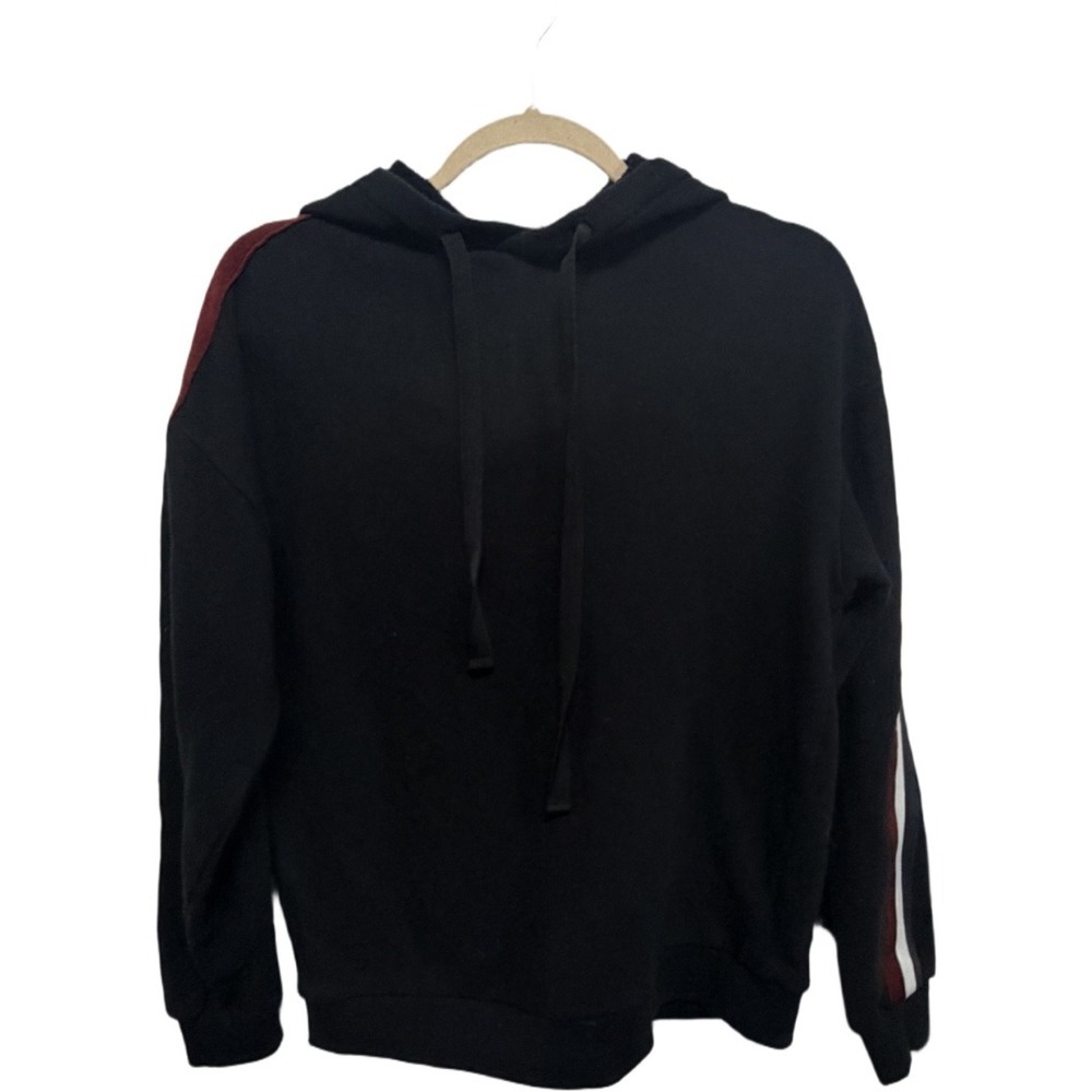 Who What Wear Black Hoodie Women's Small Stripe Sleeve Pullover Sweatshirt